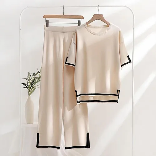 Vista 2 de jxsoyen Conjunto de dos piezas para mujer, para salir, cómodo, suéter de punto, pierna ancha, pantalones de cintura elástica, conjuntos de ropa