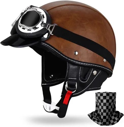 Vista 17 de Casco de motocicleta estilo alemán estilo retro medio casco de cuero medio abierto - aprobado por DOT para hombres y mujeres vintage motocicleta