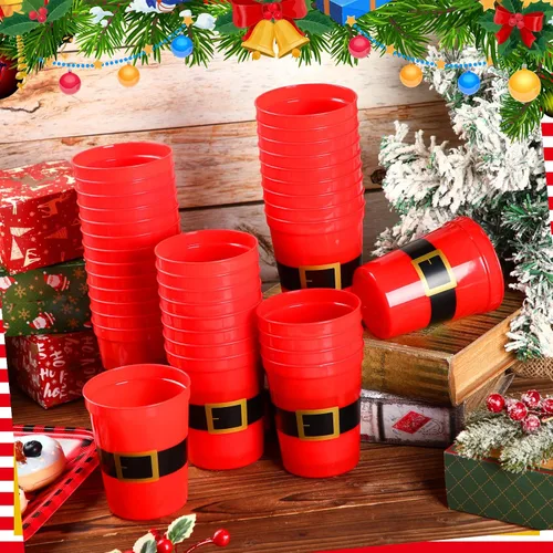 Vista 6 de Dandat 100 vasos de Navidad desechables de 16 onzas a granel de plástico reutilizables de Papá Noel, tazas de estadio de Navidad para vacaciones