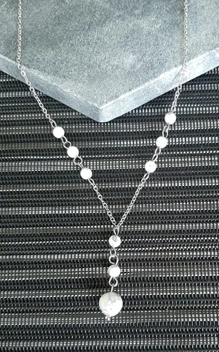 Vista 5 de Natural Crystal Bead White Howlite Stone Y Shaped Lariat Necklace Non-Tarnish Steel Chain