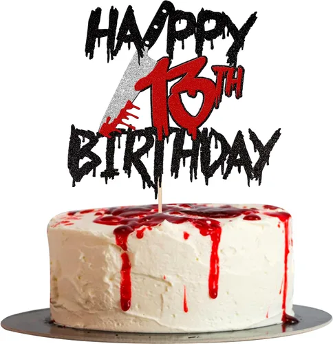 Vista 11 de 1 pieza de decoración de pastel de cumpleaños con purpurina montada con purpurina clásica de Halloween para torta de terror sangrienta temática