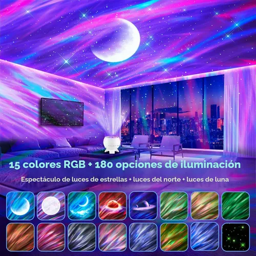 Vista 5 de Proyector de Galaxia Proyector de Auroras Boreales, 180 Iluminación 5 Lunas Proyector de Estrellas Luz de Galaxia, 15 Ruido Blanco y Bluetooth