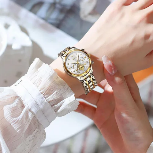 Vista 9 de OLEVS Reloj multifuncional de dos tonos para mujer, reloj analógico de cuarzo para mujer, de acero inoxidable, resistente al agua, con diamantes