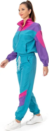 Vista 3 de Conjunto de traje de pista de bloque de color de los años 80, rompevientos de manga larga de los años 90, traje deportivo casual para mujer