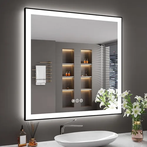 Vista 44 de Espejo de baño LED de 24x28 pulgadas con marco negro, espejos de baño retroiluminados y con luz frontal para pared, antiempañamiento, regulable