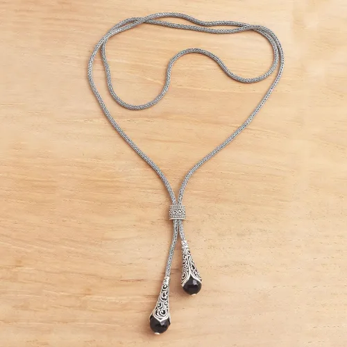 Vista 2 de NOVICA Collar hecho a mano de plata esterlina 925 Onyx Lariat colgante negro Indonesia piedra preciosa 'Celuk Pendulum', Plata esterlina, No es una