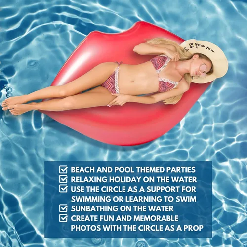 Vista 5 de Flotador gigante de labios rojos para piscina – Tumbona de agua extragrande para adultos de 70.86 x 62.99 pulgadas, flotador de piscina inflable