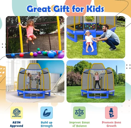 Vista 8 de GYMAX Trampolín para niños, cama elástica de 7 pies aprobada por ASTM con tobogán, escalera, pelotas y tapetes oceánicos, trampolín recreativo