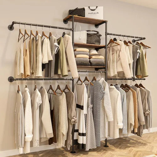 Vista 9 de KaKaBB Perchero de ropa estilo tubería industrial - Perchero de ropa de alta resistencia para montar en la pared, sistema de armario en esquina