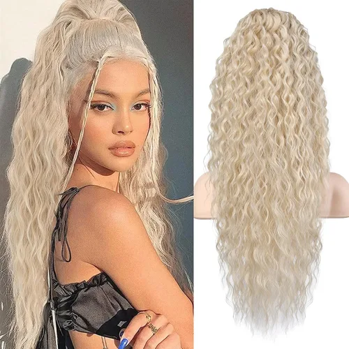 Vista 8 de Flufymooz Extensión de cola de caballo, 22 pulgadas, estilo bohemio, con cordón, extensiones de cabello para mujer, cola de caballo larga, rizada