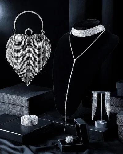 Vista 2 de Juego de 5 monederos de embrague de diamantes de imitación para el día de San Valentín para mujer, con forma de corazón, borla y bolsa de mano