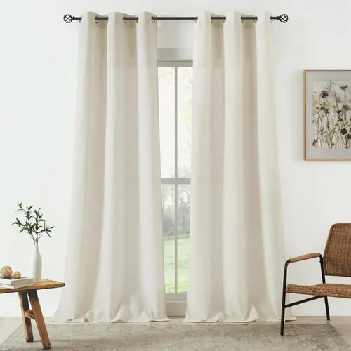 Vista 17 de Cortinas de lino natural mezclado semitransparentes con pestaña trasera para sala de estar, cortinas de lino texturizado estilo bohemio para filtrar