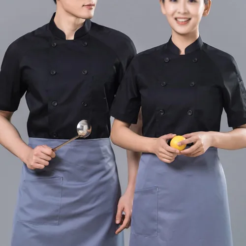 Vista 3 de Abrigos de chef unisex de manga corta, uniforme de chef de trabajo, con bolsillo, chaqueta de cocina con cierre de botón