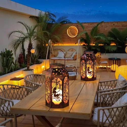 Vista 4 de Faroles solares para exteriores, impermeable, hada, LED, farol de metal, vela resplandor