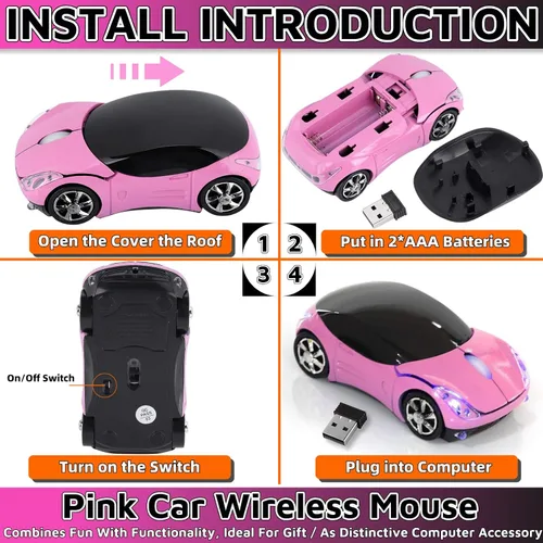 Vista 4 de Ratón inalámbrico rosa para coche, 2.4G inalámbrico con receptor USB, ratón óptico para PC, portátil, tableta, Win XPVista7ME2000Mac OS Mouse rosa