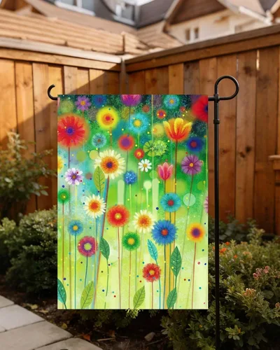 Vista 3 de Bandera abstracta de acuarela de primavera con flores verdes de temporada, pintura artística para jardín, patio, 12 x 18 pulgadas, poliéster