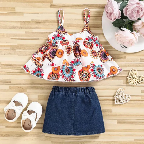 Vista 4 de Omkzanbi 2 piezas de ropa para bebé niña, camisola con volantes, falda vaquera para niña, camiseta sin mangas, estilo bohemio, falda de mezclilla