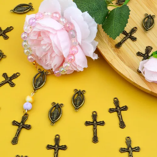 Vista 7 de 40 piezas de rosario de aleación tibetana con cruz y centro de María Milagrosa Medalla Jesús Crucifijo Crucifijo y eslabones ovalados de araña