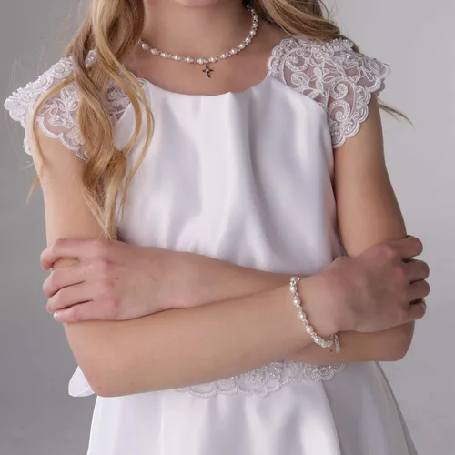 Vista 2 de Brazalete de plata con cruz para bautismo y comunión con perla cultivada y cristal Swarovski