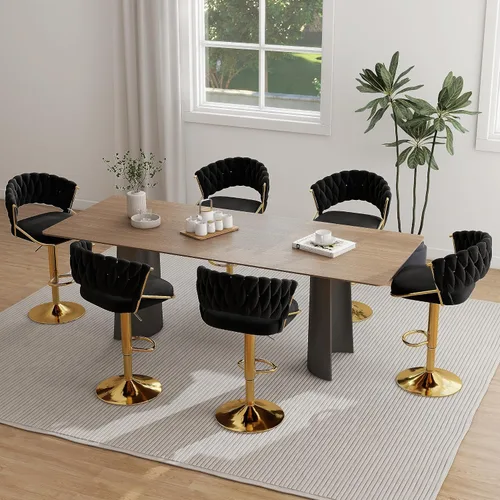 Vista 27 de Juego de 2 taburetes de bar giratorios de 360° con respaldo alto, silla de bar de terciopelo ajustable moderna de altura de mostrador, taburete