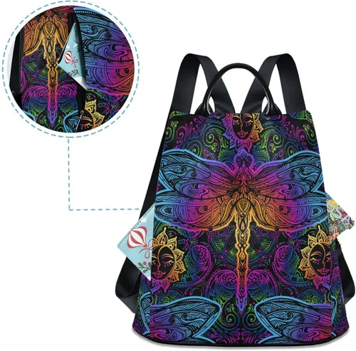 Vista 4 de senya Mochila de moda para mujer, mochila étnica de libélula colorida arcoíris para mujeres y niñas, Libélula étnica, Mochilas Daypack