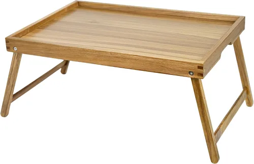 Vista 11 de VaeFae Bandeja de mesa de cama de acacia, bandeja de desayuno de madera con patas plegables, bandeja de cama para comer y computadora portátil
