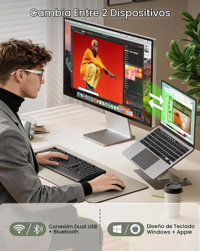 Vista 2 de Seenda COE200 - Combo de teclado y mouse inalámbricos Bluetooth con reposamuñecas USB/Bluetooth multi-device switching, quiet clicks, full