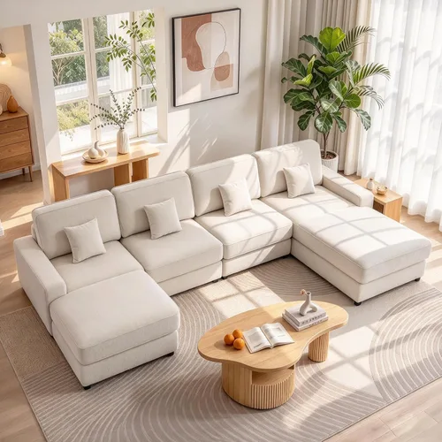 Vista 13 de Opoair - Sofá modular de gran tamaño de 114 pulgadas, sofá en forma de L con otomana móvil, cómodos sofás de nube de 4 asientos con asiento Beige