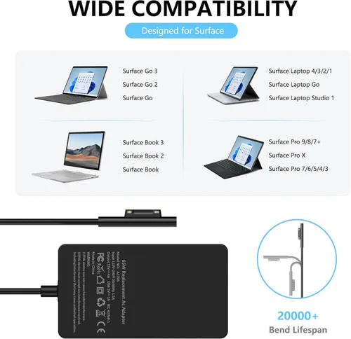 Vista 2 de Cargador para portátil Surface Pro de 65 W para Microsoft Surface Pro Fits Surface Pro X,11,10,9,8,7+,7,6,5,4,3, Windows Surface Laptop, Book