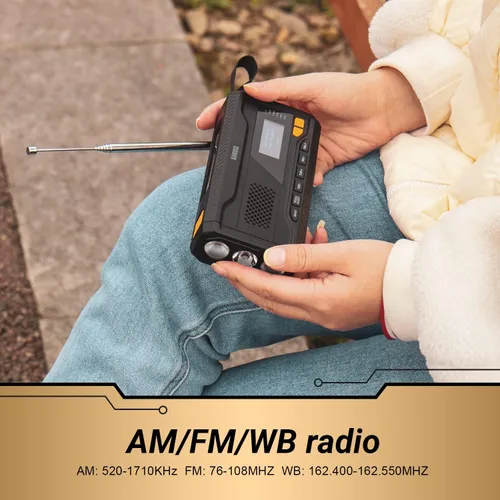 Vista 2 de Radio de manivela de emergencia - August MB291B - Radio meteorológica portátil NOAA y AM/FM con carga solar, manivela y carga USB-C - Alarma SOS