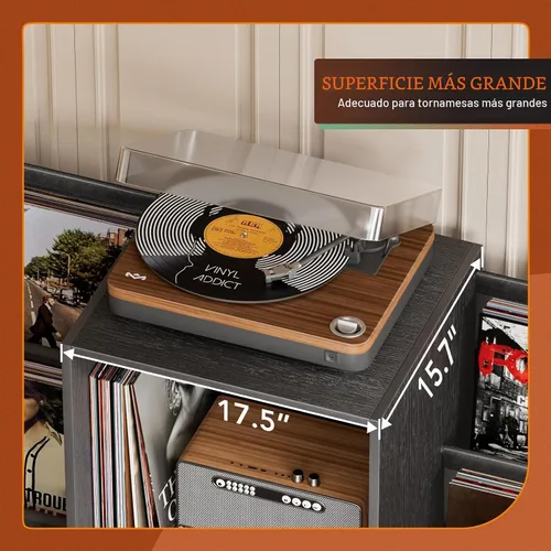 Vista 2 de Soporte para Reproductor de Discos, Soporte para Tocadiscos con Almacenamiento para 300 Discos de Vinilo, Mesa para Reproductor de Discos
