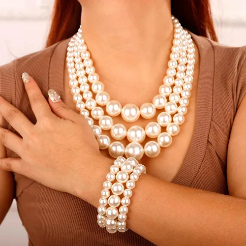 Vista 3 de Wiwpar 3 piezas de collar de perlas de gran capa para mujer, collar de perlas gruesas, pulsera y aretes, juego de joyas de los años 20, collar