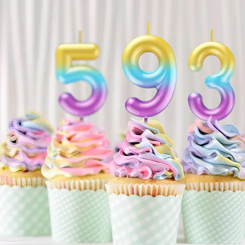 Vista 4 de Velas número 2 arcoíris con número 3D de feliz cumpleaños para decoración de fiesta de pastel de cumpleaños, suministros de celebración