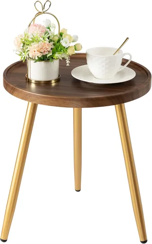 Vista 14 de Mesa auxiliar redonda negra, mesa decorativa con patas de metal con bandeja de madera, mesa auxiliar redonda pequeña para sala de estar, dormitorio