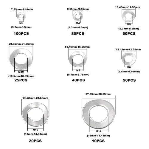 Vista 2 de Kit surtido de 385 piezas de arandelas de resorte de acero inoxidable M3 M4 M5 M6 M8 M10 M12 M14 304