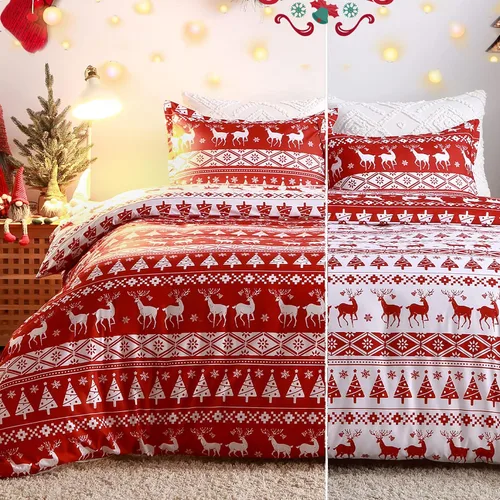 Vista 18 de CAROMIO Juego de funda de edredón de Navidad, de microfibra suave, reversible, ropa de cama decorativa festividades + 1 funda de almohada