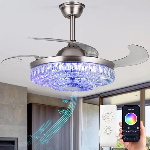 Vista 17 de Ventilador de techo retráctil de 42 pulgadas con luz y control remoto, candelabro negro cristal, moderno, comedor