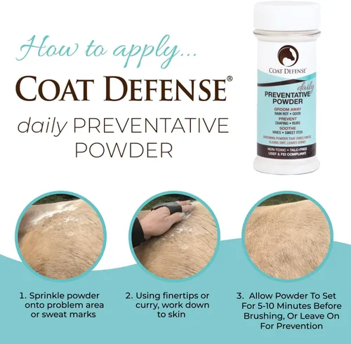 Vista 4 de Coat Defense Polvo preventivo diario y tratamiento de pudrición por lluvia para caballos Picazón dulce equino seguro y eficaz, piel funk, arañazos