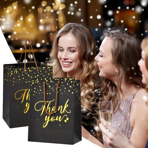 Vista 6 de COGLARING Thank You, 20 bolsas de regalo medianas de 10 x 8 x 4.8 pulgadas, bolsas de regalo de papel negro y dorado con asas para bodas, despedidas