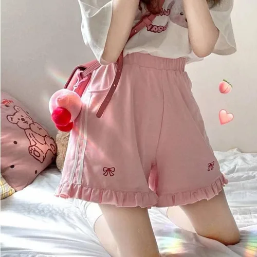 Vista 4 de Kawaii - Pantalones cortos con estampado de pajarita para mujer, pierna ancha, estética, pantalones cortos de yoga, pantalones cortos de sudor