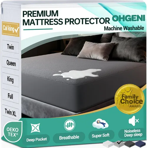 Vista 25 de OhGeni - Protector de colchón impermeable, tamaño Queen, con bolsillo profundo de 6 a 18 pulgadas, transpirable, sin ruido, suave, lavable, a prueba