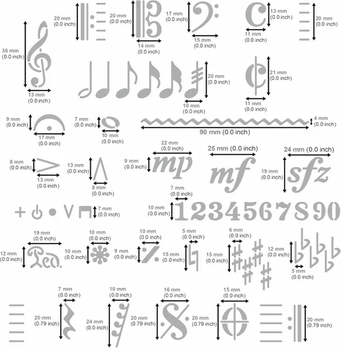 Vista 3 de Aleks Melnyk No.424 Plantilla de metal, plantilla de composición de escritor de canciones para notas musicales, 1 unidad, símbolos grandes, diario