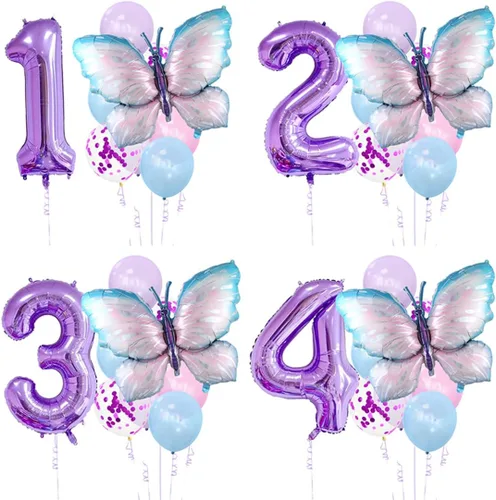 Vista 6 de 11 globos de mariposa enormes de 40 pulgadas, globos de Mylar de aluminio de número morado para decoración de fiesta de primer cumpleaños
