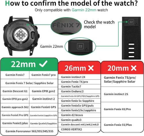 Vista 2 de Correa de reloj compatible con Fenix, correa de reloj Garmin de 0.866 in, silicona suave, repuesto para Fenix 5/5 Plus/6/6 Pro/7/Forerunner Negro
