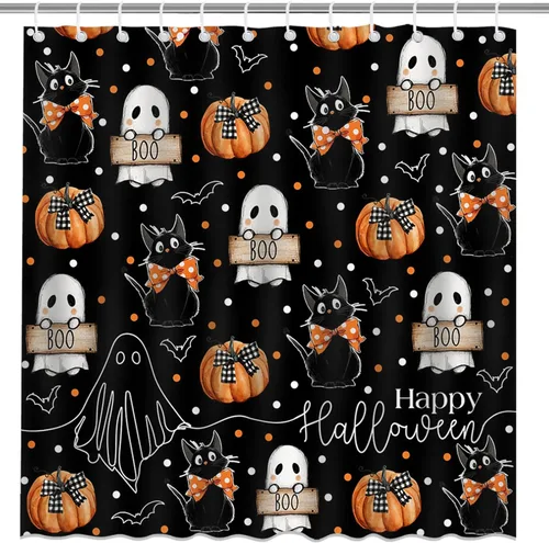 Vista 8 de Mocsicka Cortina de ducha de Halloween con dibujos animados, fantasma, lindo gato negro, calabaza, cortina de ducha de baño, cortina de ducha