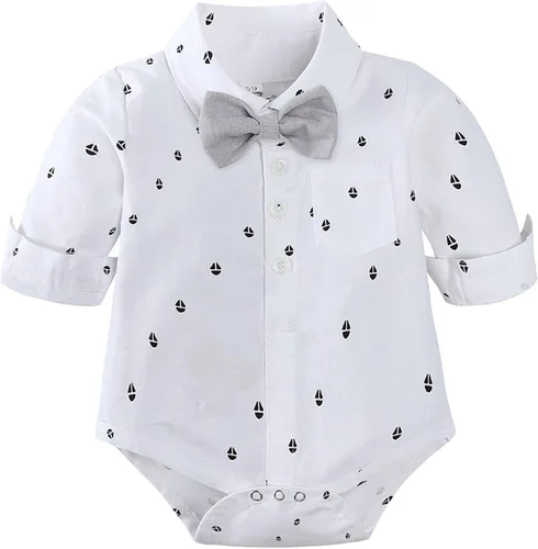 Vista 3 de TAOJIAN Conjunto de traje de caballero para niños pequeños, mameluco con botones para recién nacido+pantalones con tirantes desmontables+pajarita +
