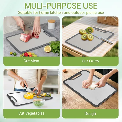 Vista 3 de Juego de tabla de cortar de titanio de 3 piezas, tablas de cortar de metal para cocina, tabla de cortar de acero inoxidable, tablas de cortar