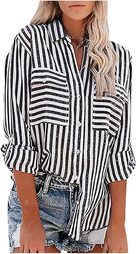 Vista 2 de Camisas con botones para mujer, de algodón, a rayas, casual, de manga larga, cuello para oficina, trabajo, blusas