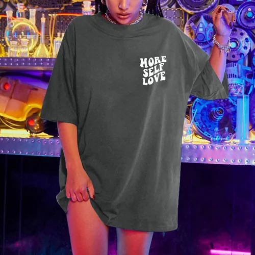 Vista 8 de Más camisetas con eslogan de amor propio para mujer, camisetas de verano de gran tamaño, camisetas gráficas de hombros caídos, camiseta de manga