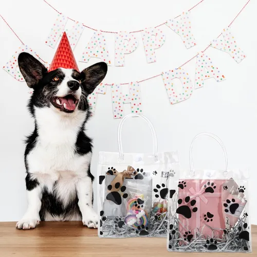 Vista 5 de Teling Paquete de 20 bolsas de regalo de PVC transparente con asa de perro con asa, bolsas de plástico reutilizables transparentes para cachorros